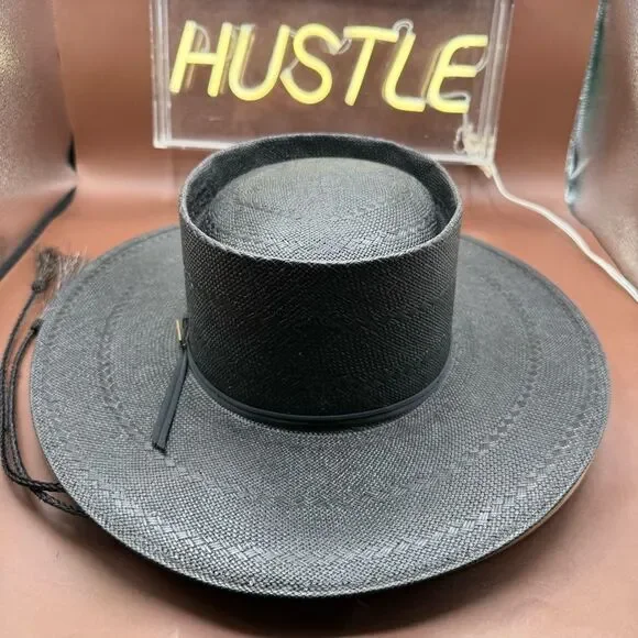 Larry Mahan Gambler Hat With Cord 6x Handwoven Shantung 7 Western Black USA - Picture 9 of 15